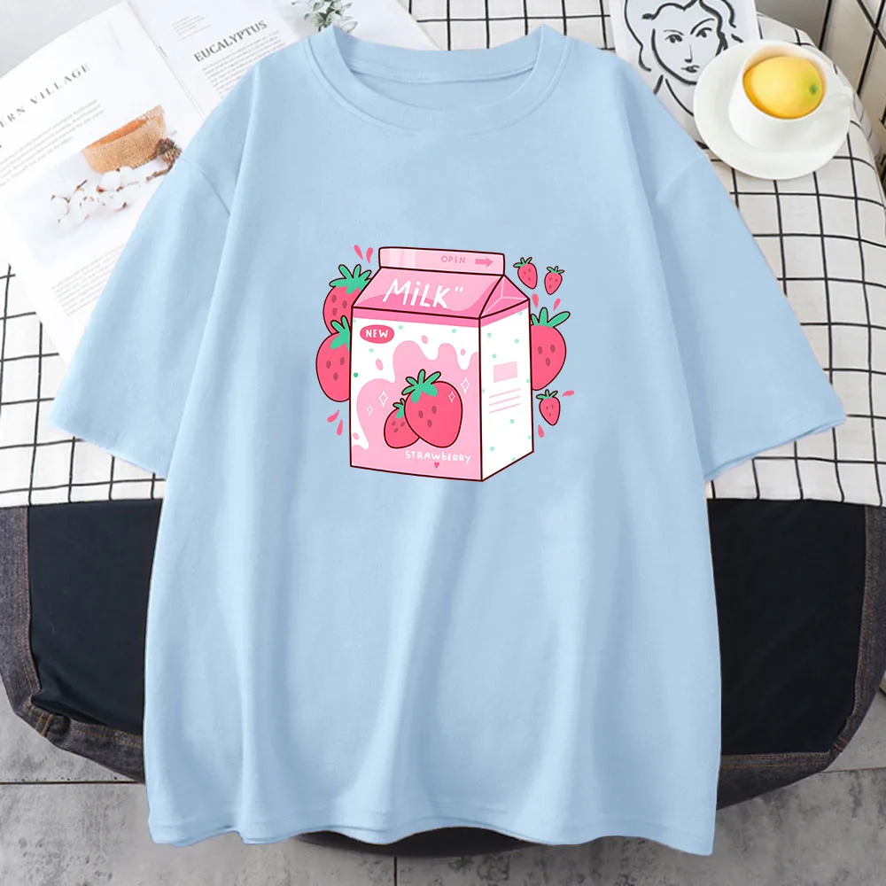 Strawberry Milk Cartoon Printing Tee-shirt Casual Short Sleeve O-neck T-shirts Cotton Soft High Quality Tshirts Women Girls Tees