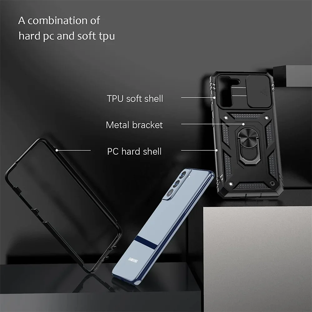 Kickstand Camera Slide Lens Capa Protetora Robusta, Capa para Samsung S23, S22, S21, FE, Nota 20 Ultra, A52, A32, A12, A32, 5G