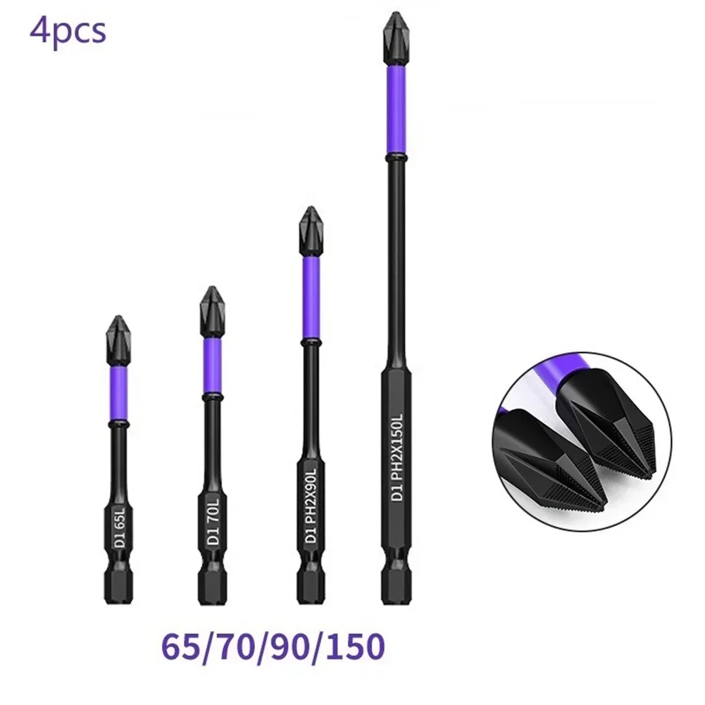 4pc PH2 Magnetic Batch Head Cross Screwdriver Hardness Impacts Drill Bits 65/70/90/150mm Non-Slip Screwdriver Bits