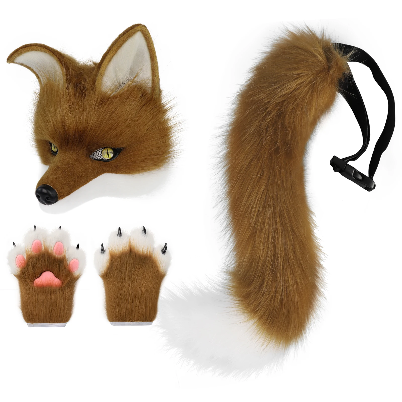 Plüsch-Kunstfell-Therian-Hund-Wolf-Maske, Pfotenhandschuhe, Fuchsschwanz-Set, Halloween-Cosplay-Kostümzubehör – Detail 8