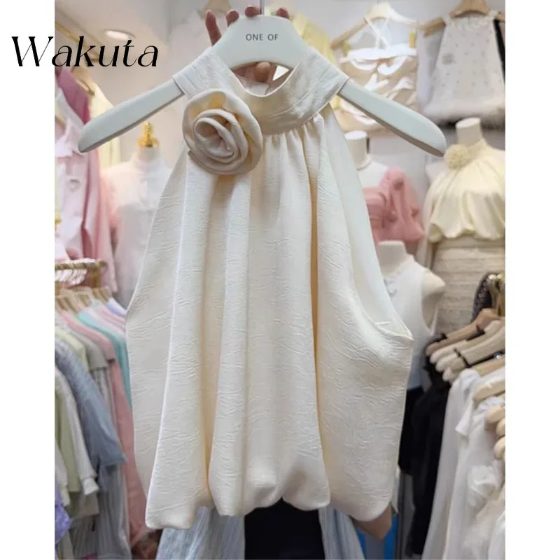 WAKUTA 2024 Summer Outfit Sweet Hanging Neck Off Shoulder 3D Flower Pullover Shirt Loose Women's Satin Gentle Style Women Blouse