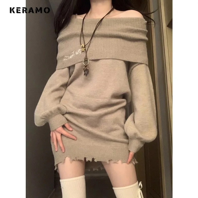 

Women Sexy Long Sleeve Slash Neck Solid Color Sheath Mini Dresses 2023 Autumn Winter Clubwear High Waist Slim Fit Knitting Dress