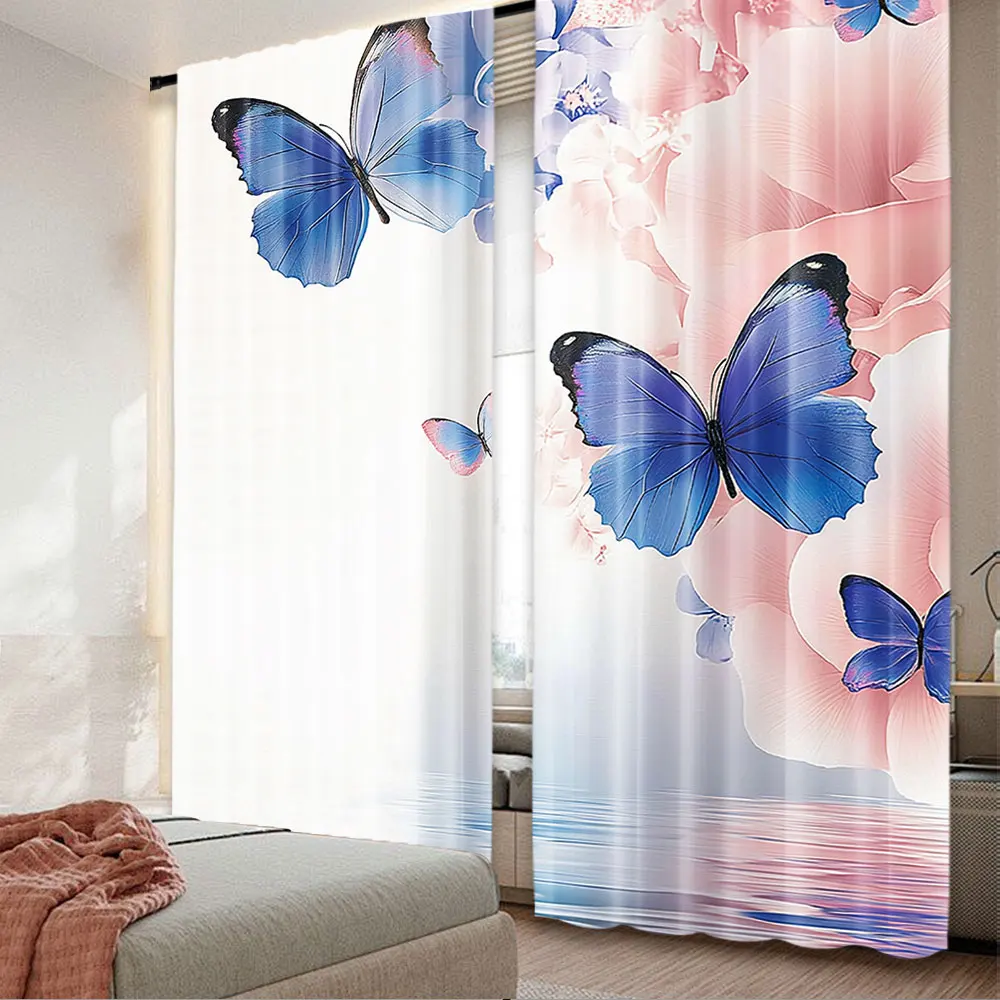 2Pcs Floral Curtain Nature Theme Wild Flowers Monarch Flying Butterflies Lily On Lake Therapy Spa Suitable For Living Room And