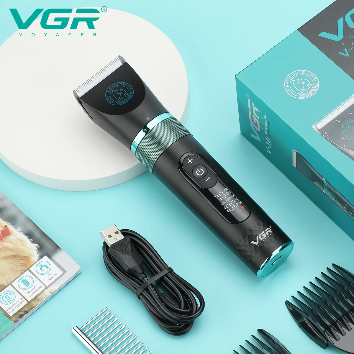 VGRプロフェッショナル犬用バリカン 電動ペットヘアトリマー 家庭用金属製ペットヘアトリマー LEDデジタル猫と犬の毛トリマー V-209