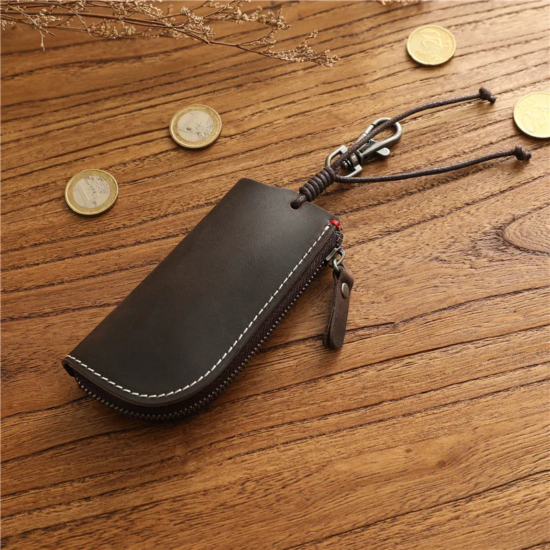 Retro Cowhide Key Holder Genuine Leather Car Key Box Men Women Keys Organizer Zipper Pouch Storage Bag