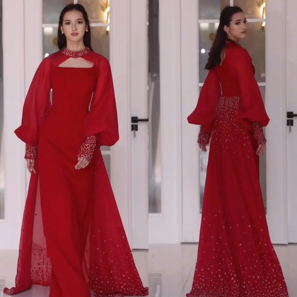 

Customized Matching Jersey Pleat Sequined Straight High Collar Long Dresses Bespoke Occasion Celebrity High Quality