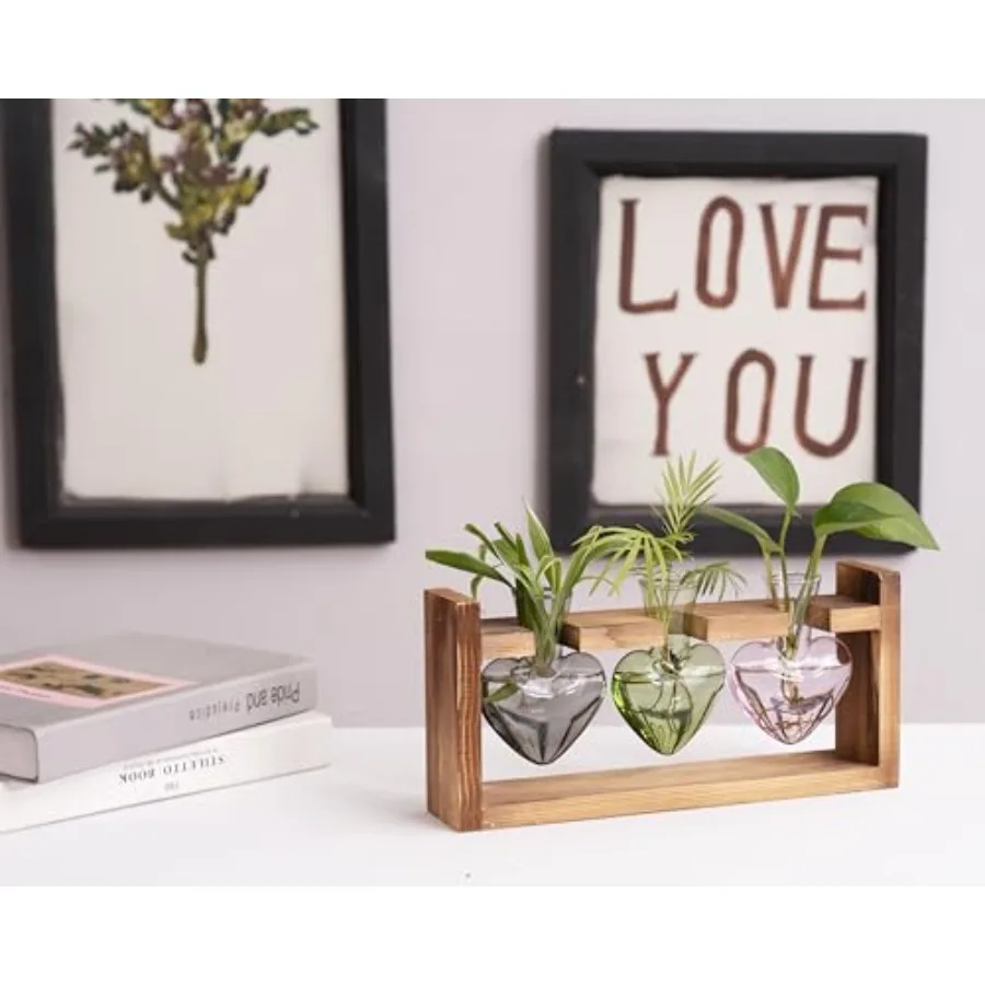 3-Heart Plant Terrarium Kit - Stained Glass Vase Propagation Station with Vintage Wood Stand - Wall-Mounted and Tabletop Indoor
