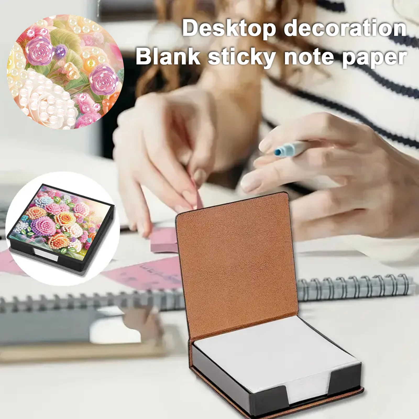 4Pcs DIY Rhinestones PU Memo Paper Storage Box with 160 Sheets Paper Diamond Art Sticky Note Holder Gem Art Sticky Note Case