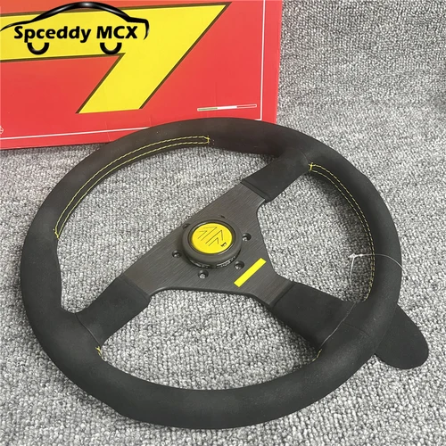 Imagen 2 del producto Volante de cuero de ante Mo estilo italiano, volantes planos deportivos Drift de 14 pulgadas, 350mm, V1, punto negro, rojo y amarillo