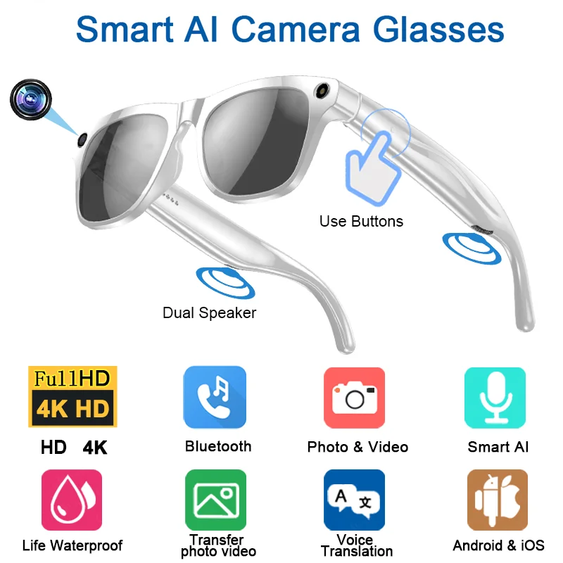 8K HD AI slimme bril 800 W Pixel multifunctionele camera Bluetooth-oproep Spraakassistent Muziekspeler Slimme vertaling ﻿