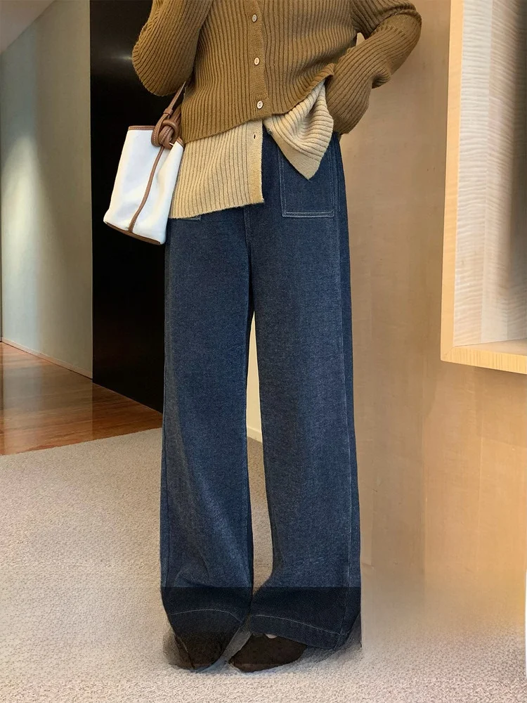 

Casual Straight Leg High Waist Blue Denim Jeans Women's plus Size Double ket Vintage American Sle Winter Faion Ladies