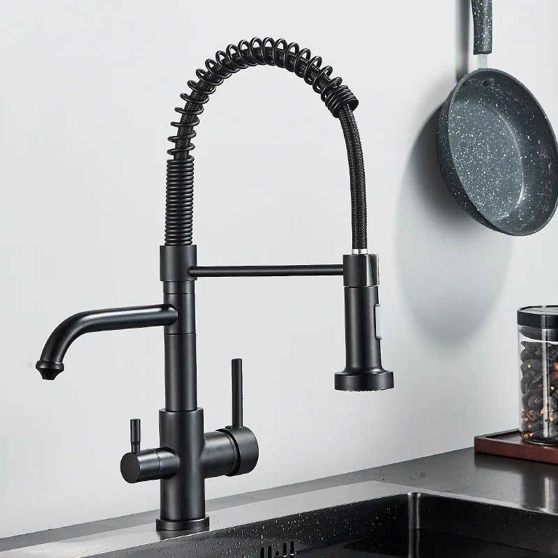 Matte Black Kitchen Filtered Faucet Water Tap Purifier  Dual Sprayer Drinking   360 Rotation Purification Mixer