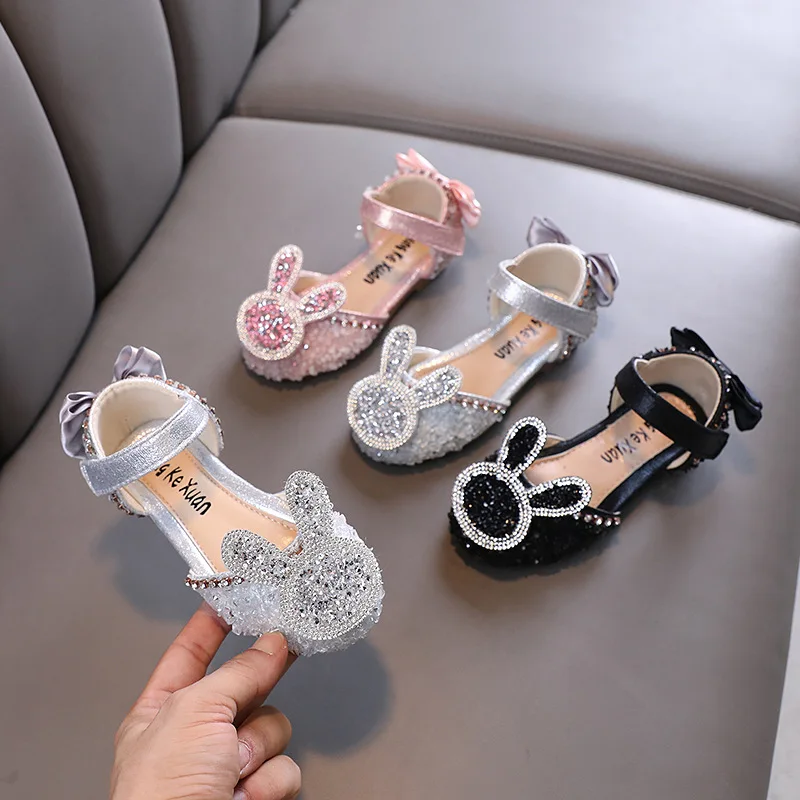 

Summer Kids Bunny Rhinestone Single Princess Party Dress Sandals Girls Dance Performance Sandals Child Soft Sole Non-Slip Shoes