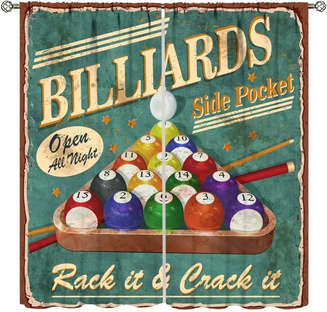 Vintage Sports Theme Billiards Curtains,Rustic 70s Pool Balls Window Treatments for Bedroom Living Room Retro Poster Style