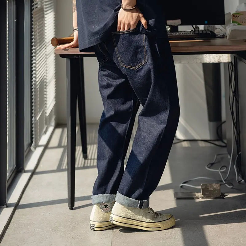 Classic 14oz 98% Cotton Desized Selvedge Raw Anti-fade Denim Jeans for Men Japan Vintage Daily Basic Loose Straight Indigo Pants