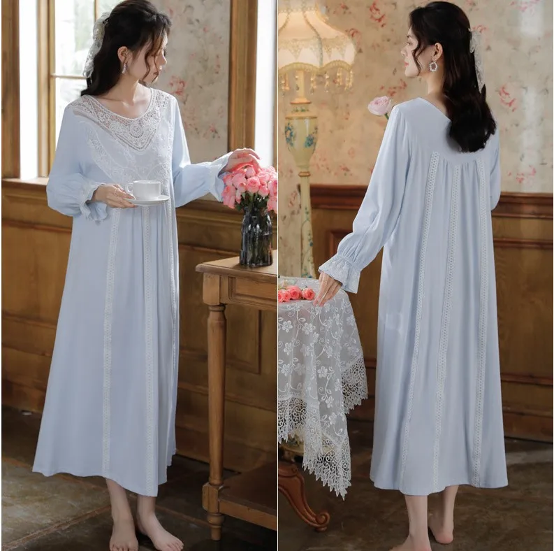 Victorian Cotton Night Dress Women Autumn White Embroidery Robe Long Peignoir Vintage Romantic Nightgowns Princess Sleepwear - Image 6