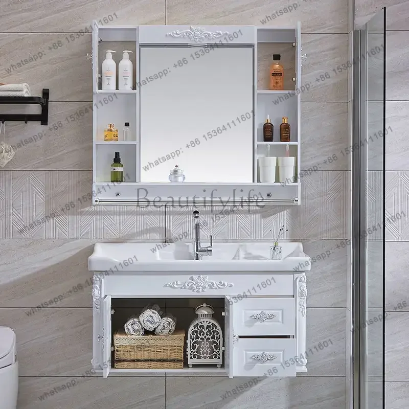 PVC bathroom cabinet ceramic integrated basin wash basin cabinet combination wash countertop integrated