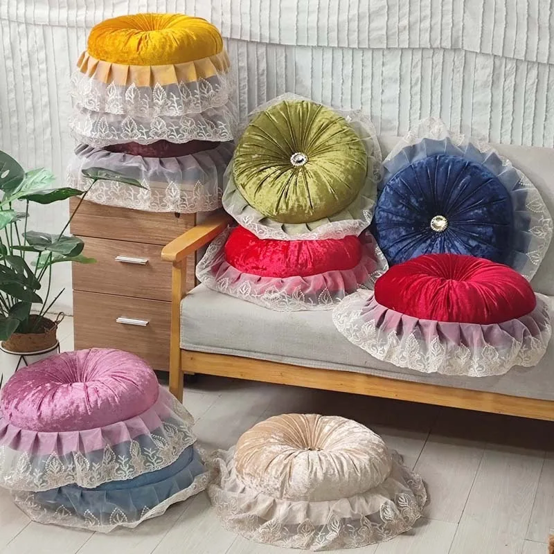 40x40cm European Velvet Pumpkin Throw Pillow With Ruffled Lace Fringe Solid Color Round Decorative Cushion For Sofa Home Decor