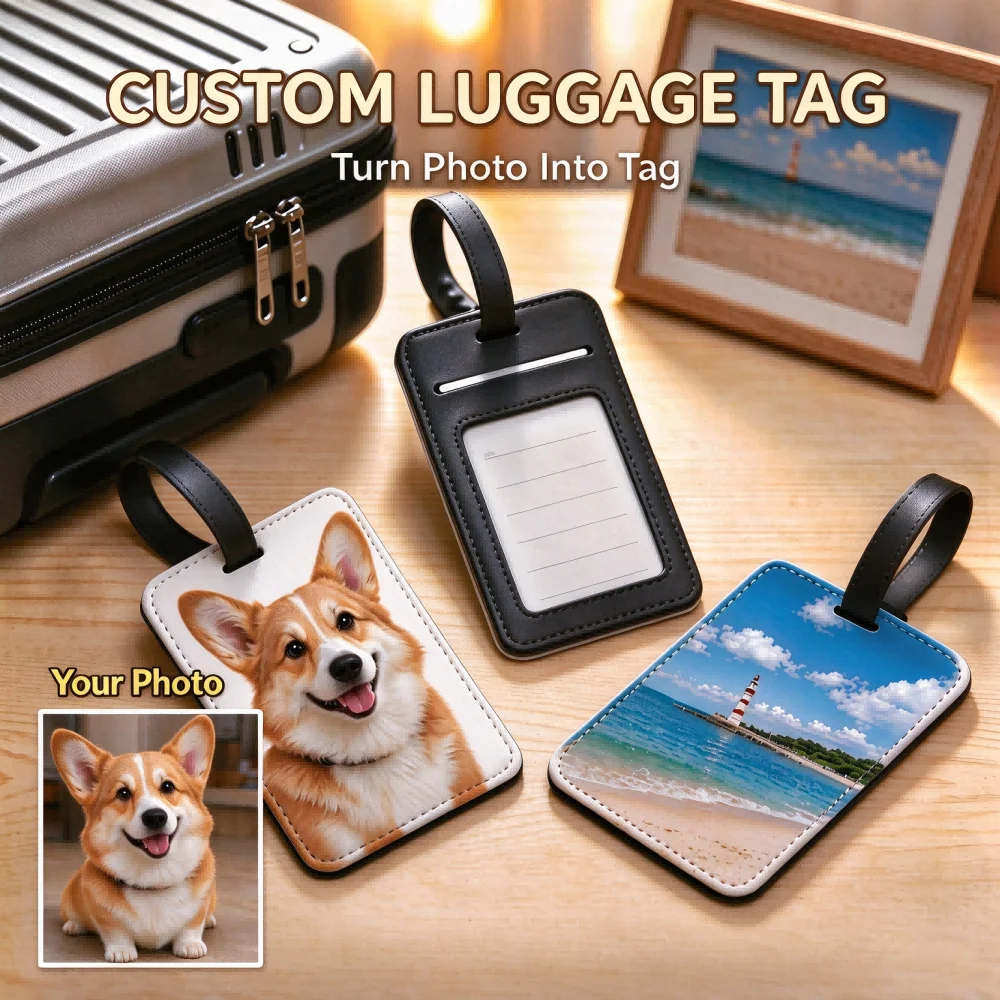 Customized PHOTO Smooth PU Leather Luggage Tag Classic Personalized Picture Logo Travel Aviation Signature Luggage Label Gift