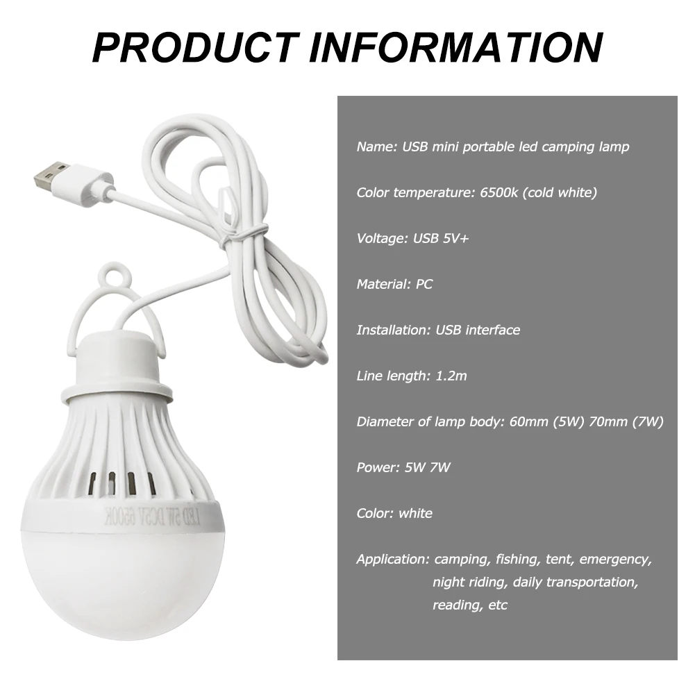 USB Light Bulb LED Camping Light Bulb Portable Emergency Light Cord Tent Light for Camping Emergency Truck Fishing Boat