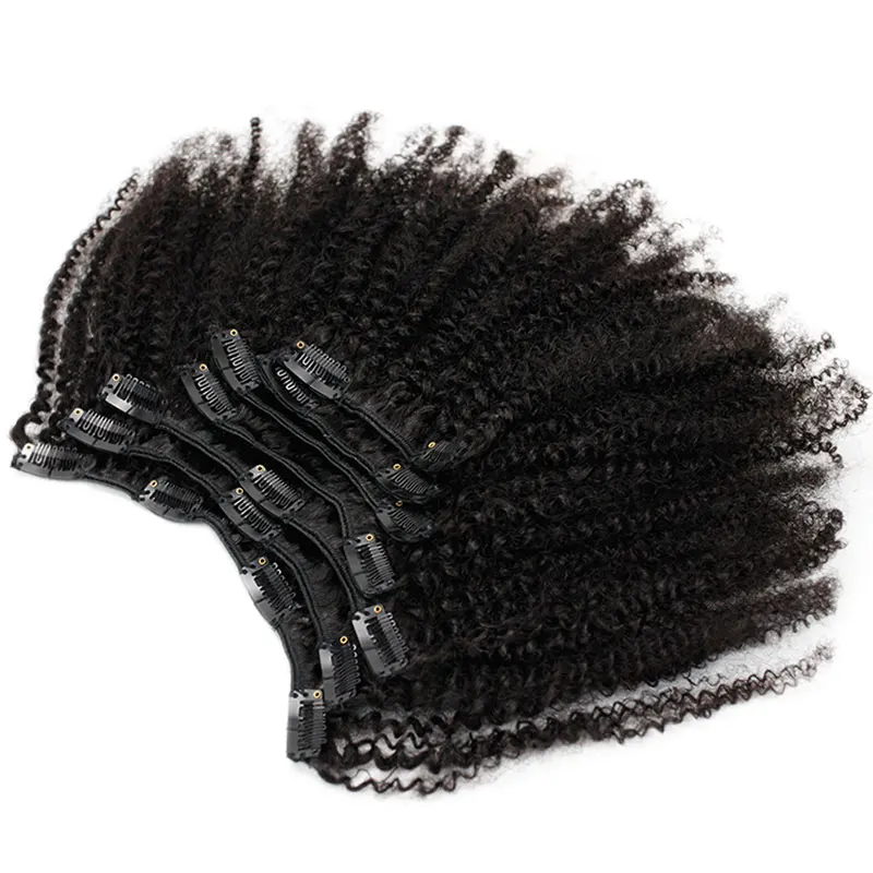 Extensions de Cheveux Humains Brésiliens Vierges Crépus et Bouclés pour Femme, 7 Pièces, Double Trame avec 16 Clips, 120 g