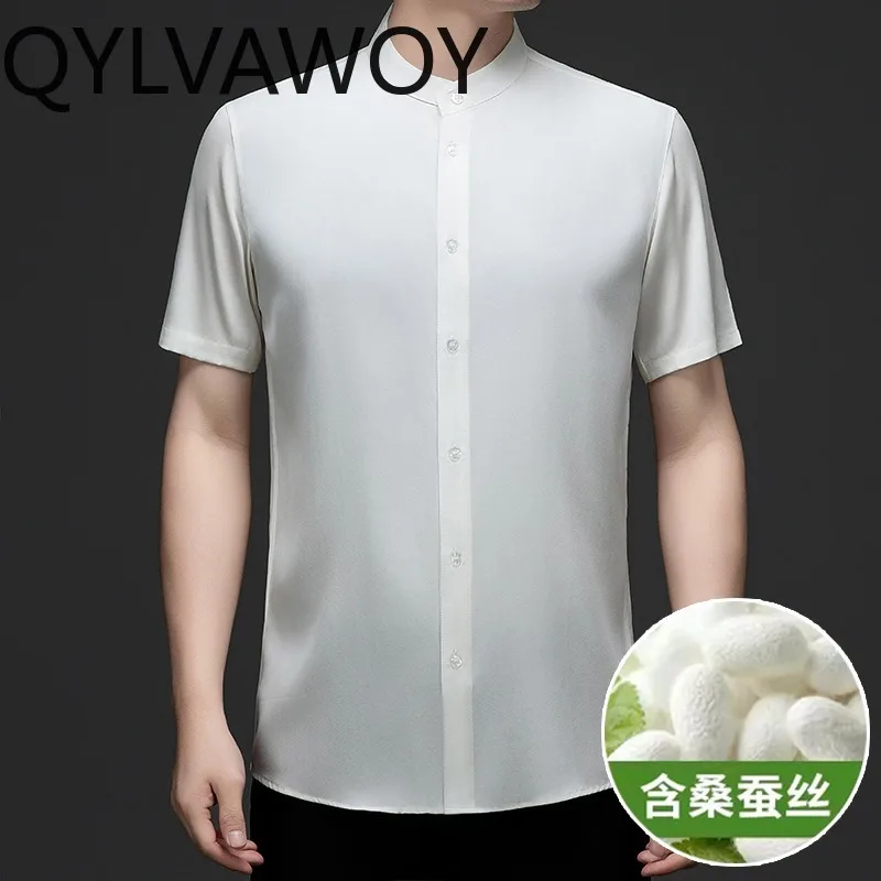 QYLVAWOY 92.5% Mulberry Silk Shirts for Man Stand Collar Shirt Casual Men's Shirts Summer Man Clothing Chinese Style Retro Tops