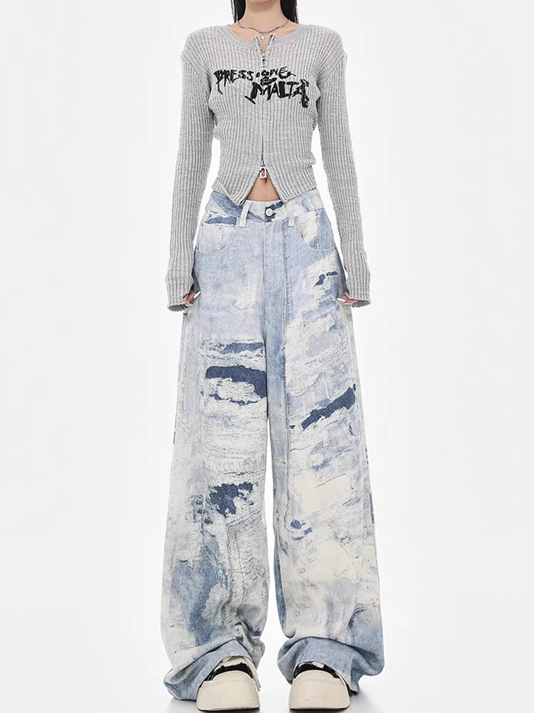 Mueyaruho 2026 primavera verão feminino peruca perna jeans americano tie dye impresso cintura alta solto ajuste calças retas para mulher