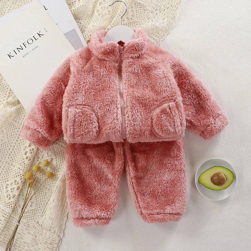 1 2 3 4 5 Years Autumn Winter Plush Baby Boy Girl Clothing Sets Fashion Zipper Coat And Pants Little Princess Suits Kids Clothes