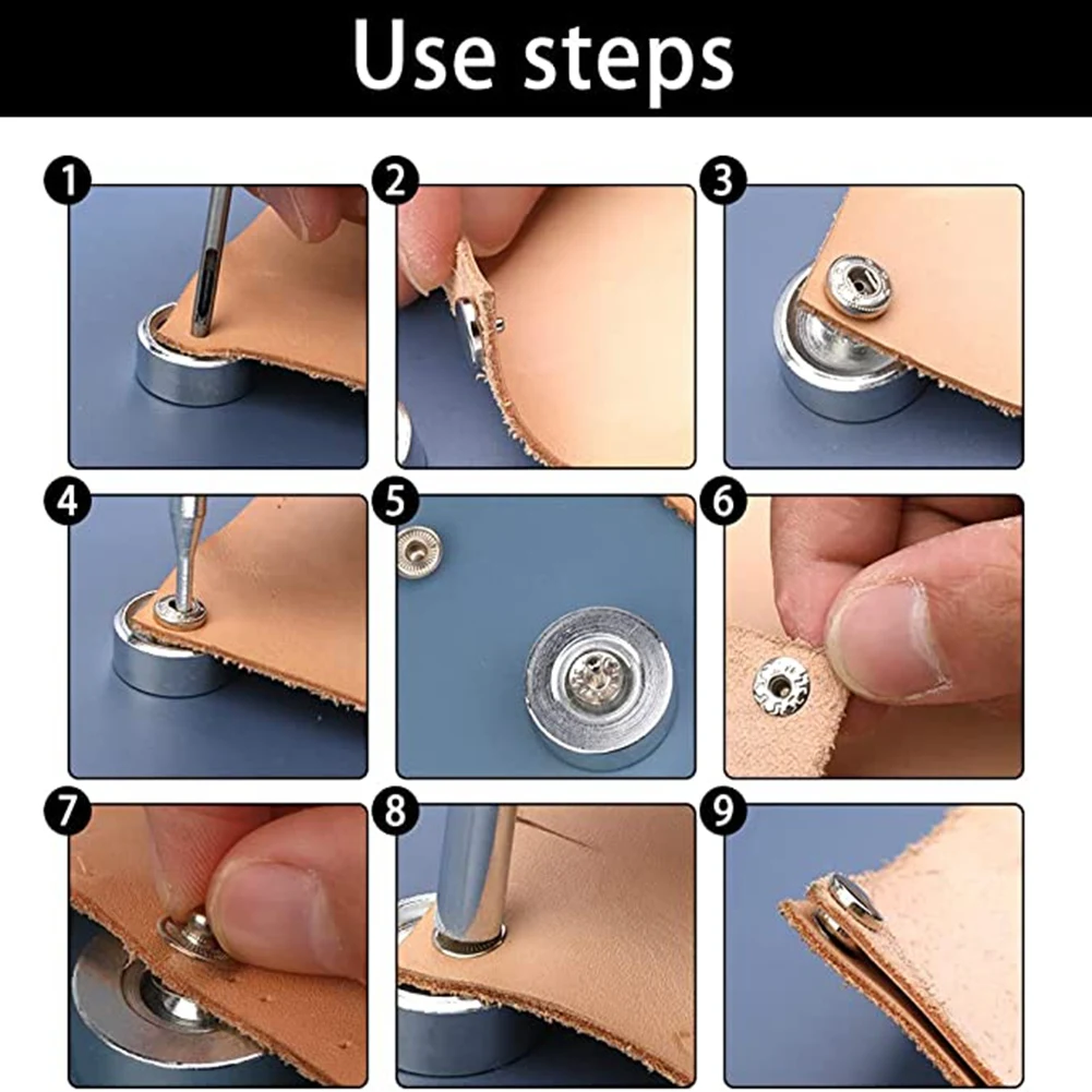 50 set Kit pengencang jepret kulit, jepret logam hitam, jepret kanvas perahu baja tahan karat untuk menjahit pakaian perak