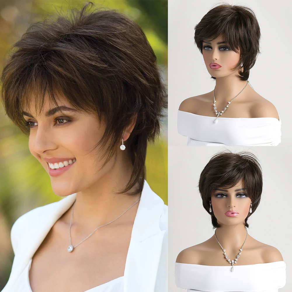 Short Natural Wigs with Bangs Soft  Hair Daily Use Short  Brown Ombre Curly Synthetic Hair Costume Party Wig for Women