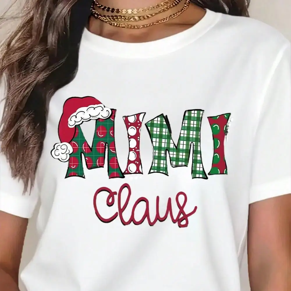 Christmas Mimi Claus T-Shirt For Women, Festive Holiday Graphic Tee With Plaid And Polka Dot Design, Santa Hat Accent, Perfect For Christmas Part