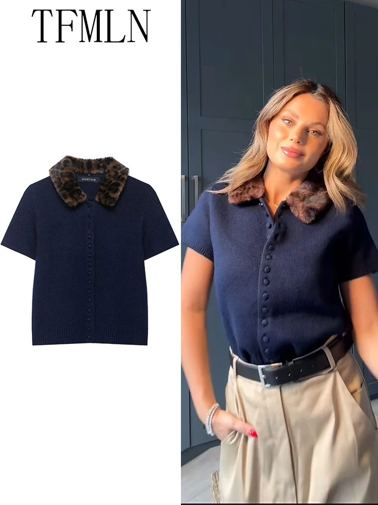 

TFMLN Fashion Women Leopard Fur Collar Knitted Sweaters 2025 Autumn Causal Single Breasted Cardigan Tops Navy Blue Lapel Tops