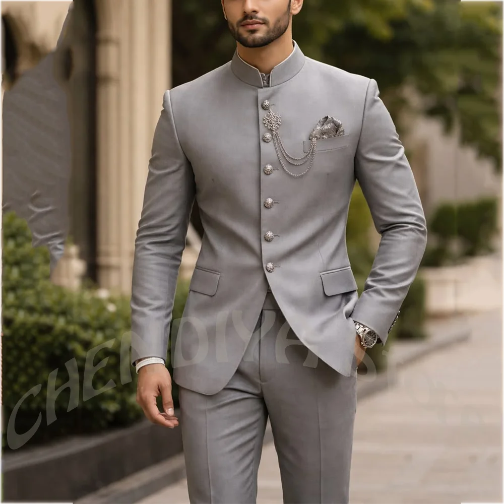 

Men Grey Mandarin Collar Suit 2 Pieces Slim Fit Single Breasted Wedding Groom Formal Business Party Jacket Pants Set Tuxedo