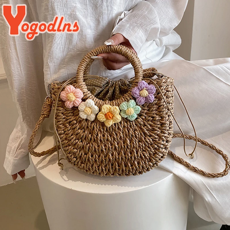 Yogodlns Straw Bags Women Summer Hand-Woven Rattan Bag Handmade Woven Purse Wicker Beach Bag Bohemia Bali Handbag bolsos mimbre