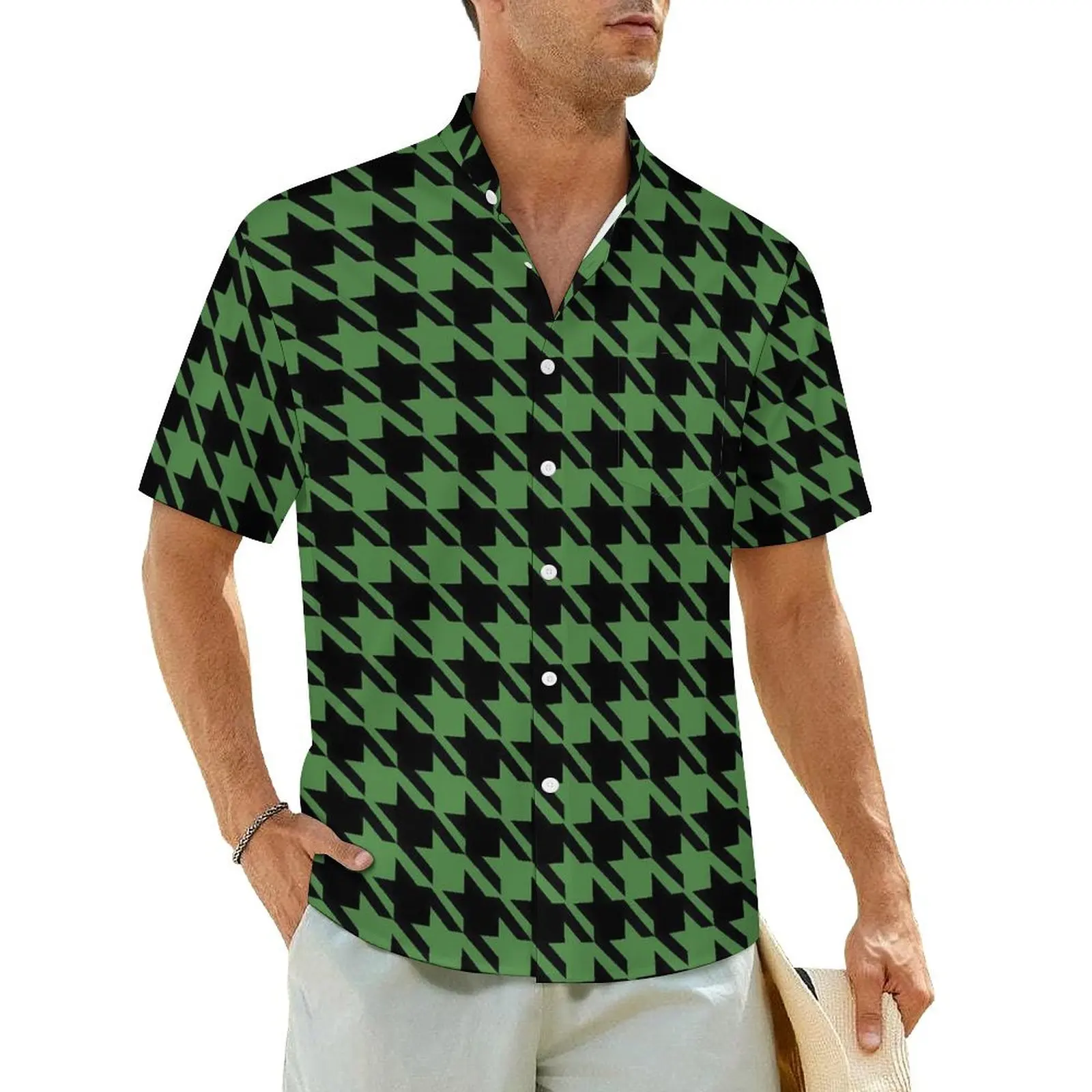 

Houndstooth Vacation Shirt Men Black And Green Novelty Casual Shirts Hawaiian Short-Sleeved Street Style Oversized Blouses Gift