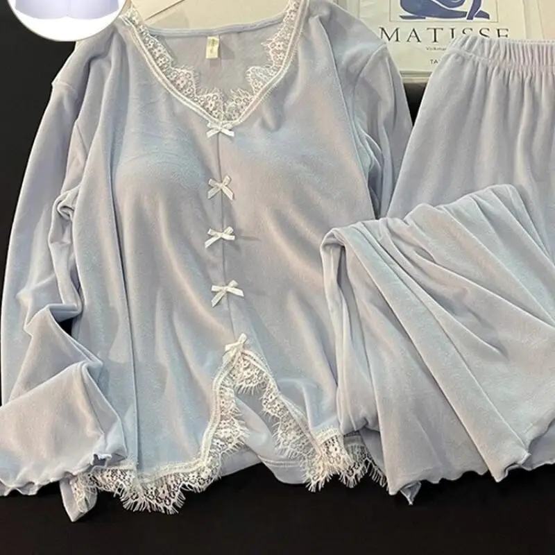 

Пижамные комплекты с кружевными краями для девочек, сексуальные брюки принцессы с длинными рукавами, милая кавайная одежда с подушкой на груди, одежда для отдыха, весенне-осенняя одежда