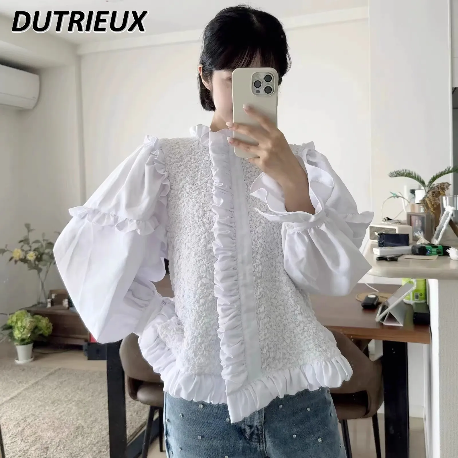 

Japanese Style Pleated Lace Long-sleeved Shirt Solid Color Fashion Women's Tops Spring Autumn Casual Elegant Blouse Femme