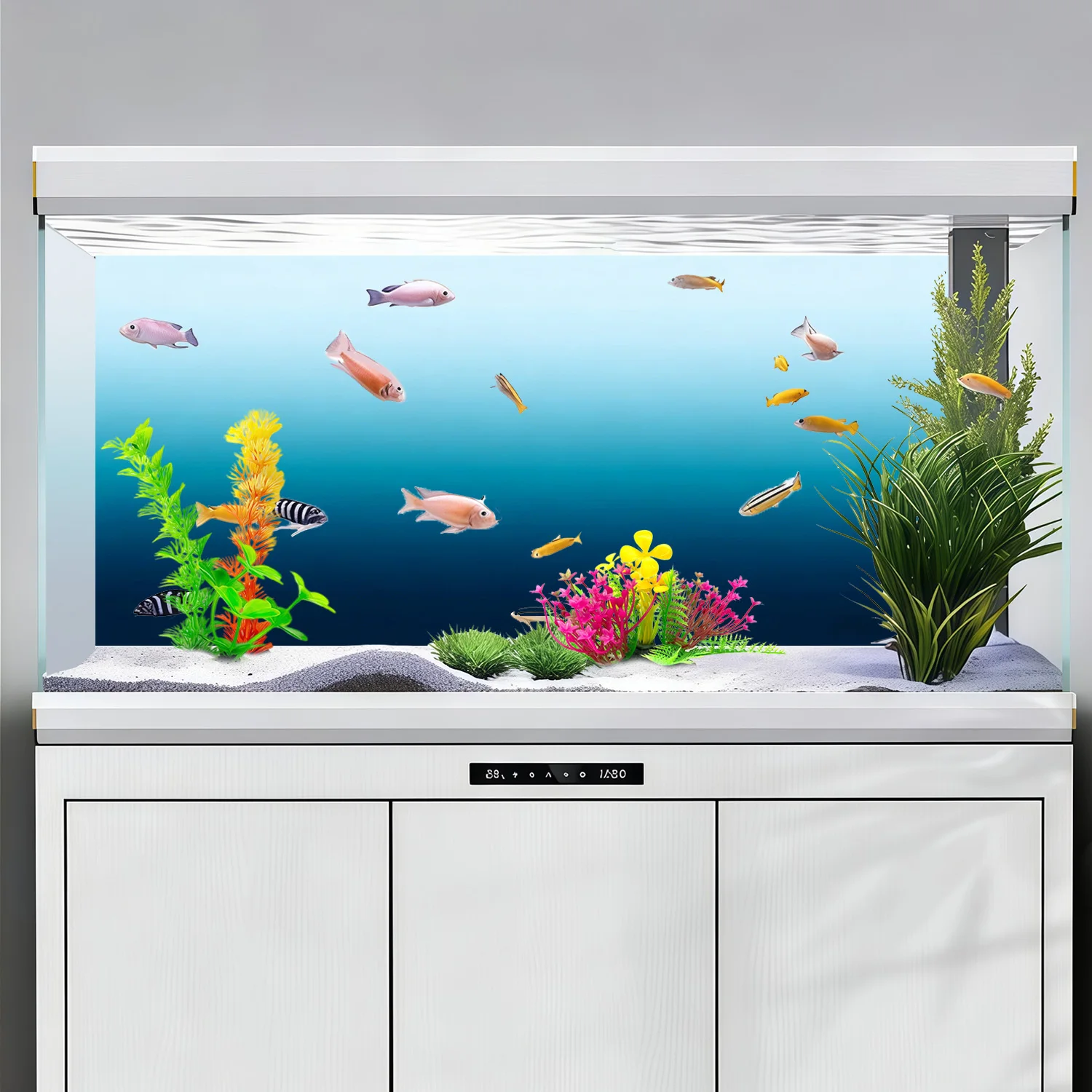 Aquarium-Hintergrund, Hintergrund für Fischbecken, Farbverlauf von Weiß zu Blau, Aquarium-Dekoration, selbstklebender, flacher 2D-Aufkleber für die Vorderseite. – Detail 5