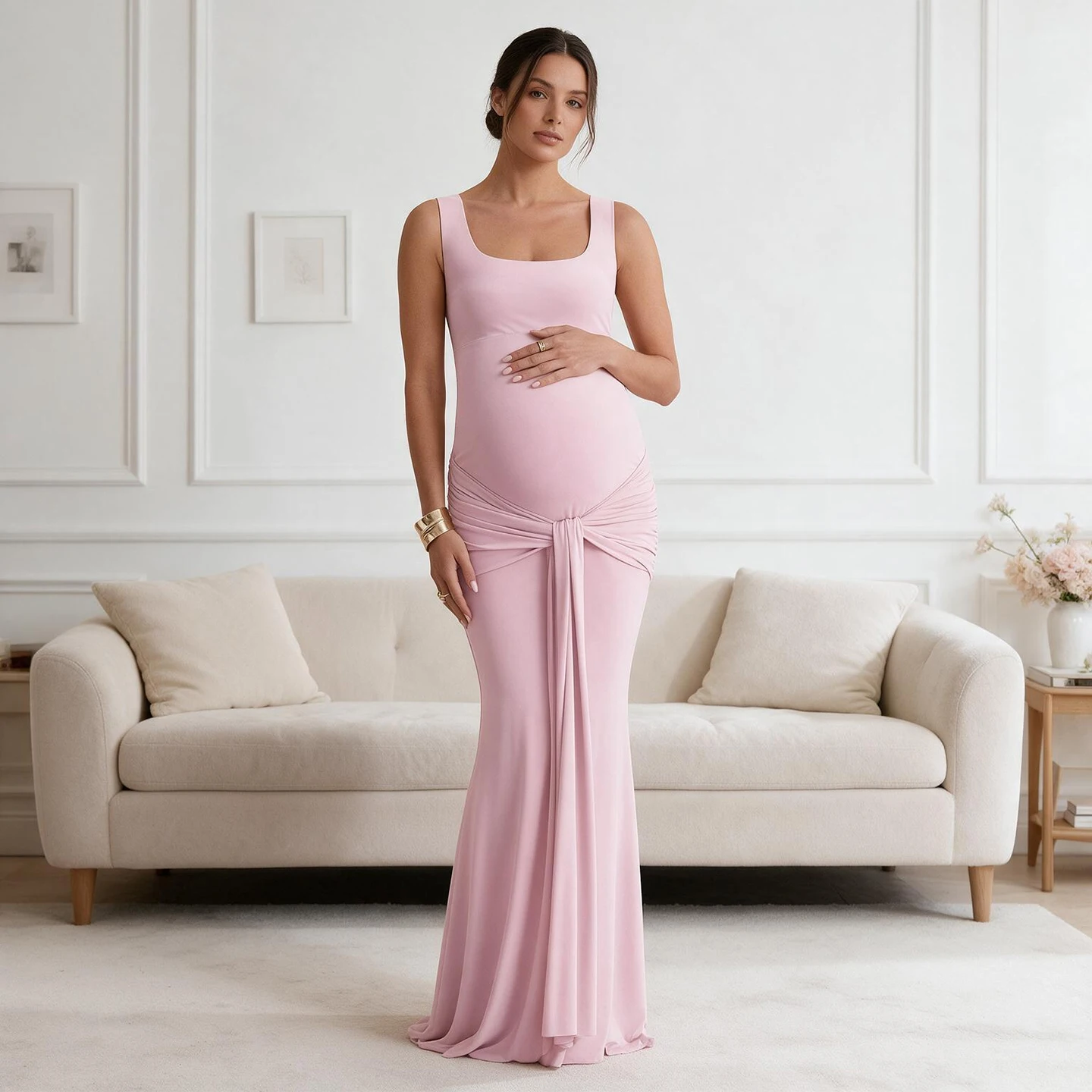 Square Neck Sleeveless Twist Waist Maternity Dress for Baby Shower Gravidas Roupas