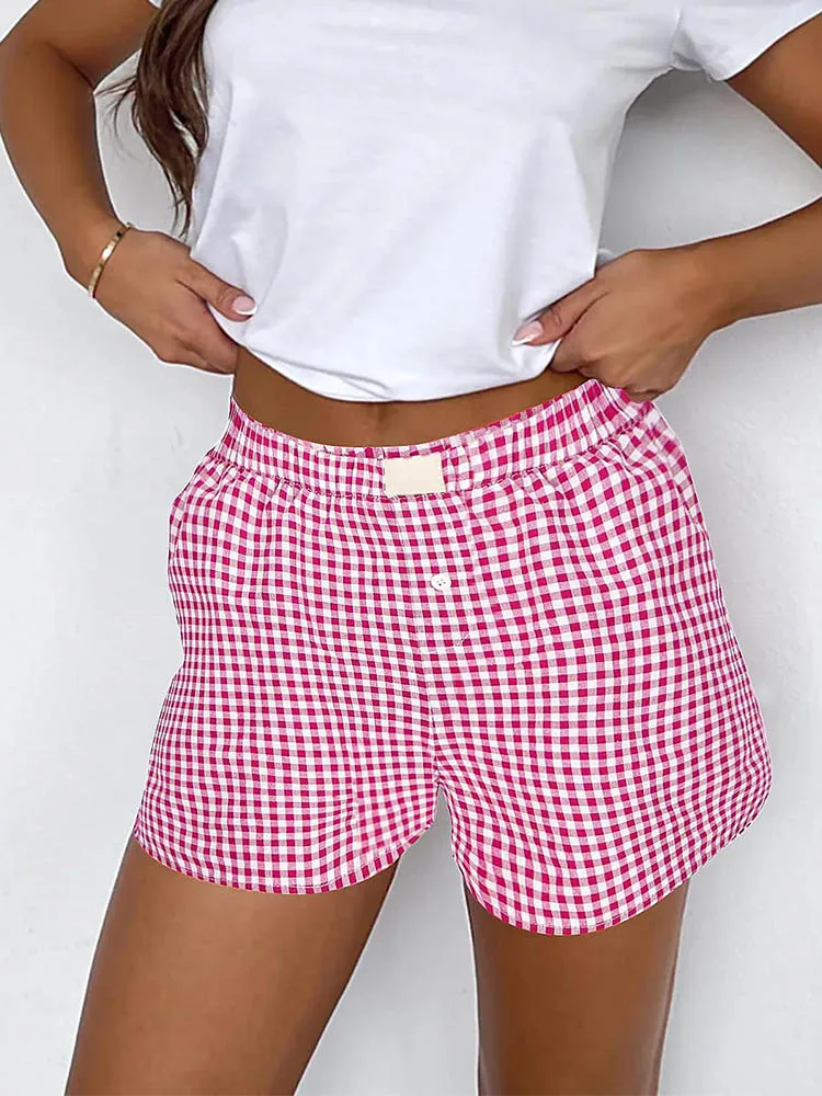 Shorts for Women Teen-girls Elastic Waistband Pull-on Red Blue Plaid Shorts Outfit Casual Lounge Summer Shorts