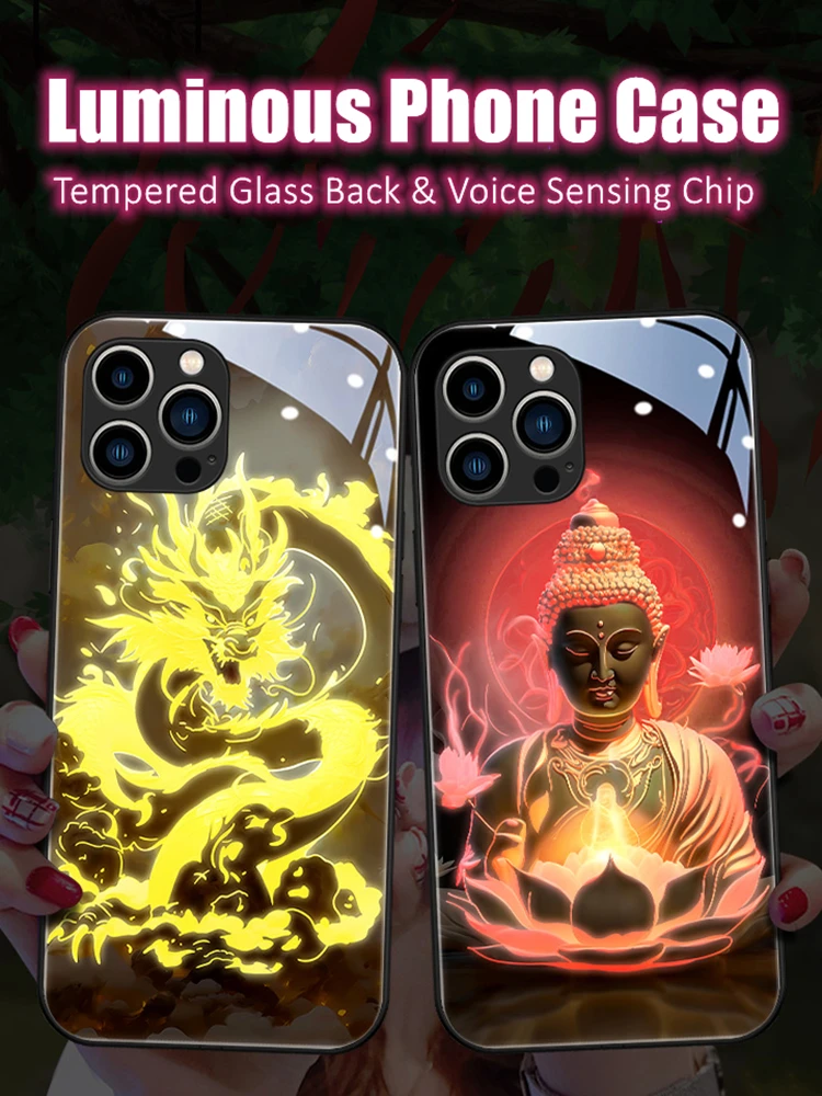 Dragon Buddha Horse LED Light Glowing Luminous Tempered Glass Phone Case for Samsung S24 S22 S23 Note 10 20 A14 A54 Plus Ultra