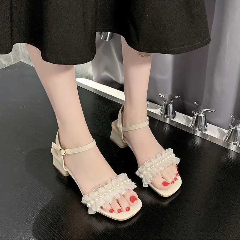 Women's Pearl Block Heel Sandals 2026 New Open Toe Ankle Strap Ruffle PU Leather Elegant Summer Dress Shoes for Wedding Party