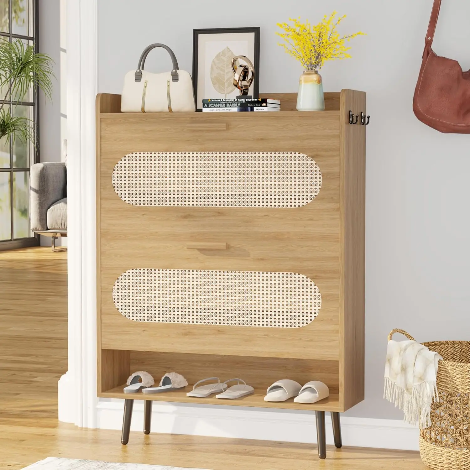 Rattan Shoe Cabinet with 2 Flip Drawers & Bottom Shelf, Narrow Freestanding Shoe Storage for Entryway Hallway Foyer, Customized