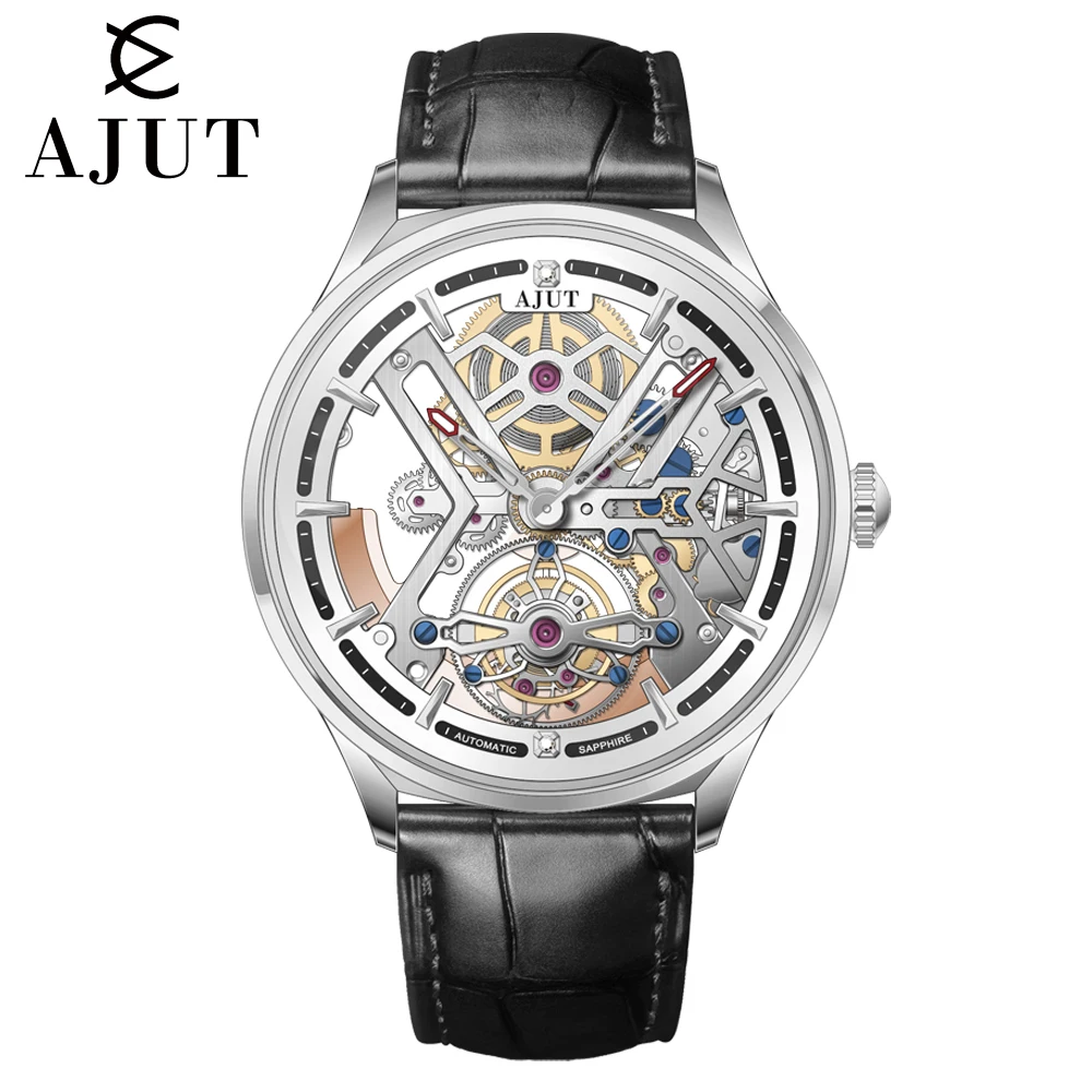 

Мужские часы AJUT Tourbillon с автоматическим механизмом, скелетон, летающие механические мужские часы из нержавеющей стали 316L с сапфировым стеклом 0545