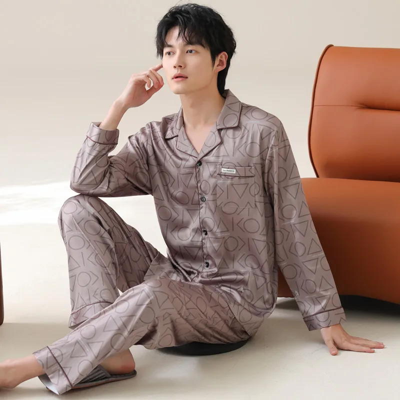 

2025 New Fashion Luxury Ice Silk Homewear for Men Cardigan Nightwear Long Sleeves Pant 2Pcs/set Pajamas Spring L-4XL Pyjamas