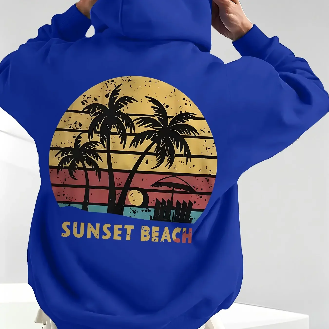 Vintage Sunset Beach Graphic Hoodie Men Distressed Palm Tree Print Retro Hawaii Coastal Style Hooded Pullover