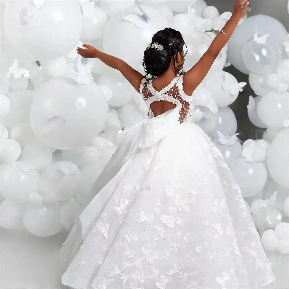 White Butterfly Lace Tulle Long Flower Girl Dress Sleeveless Beaded Communion Birthday Kids Formal Princess Evening Gown