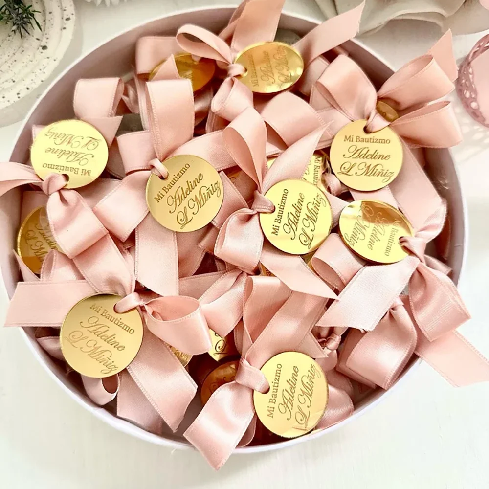 10 Uds. Etiqueta dorada de bautismo personalizada Mi Bautizmo recuerdo de bautizo rosa suave espejo acrílico redondo etiqueta de nombre recuerdo regalo de Baby Shower