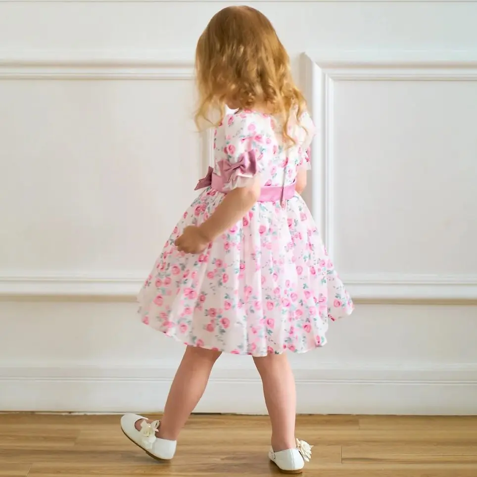 Cute Baby Girls Puff Sleeve Floral Bow Chiffon Princess Dress For Flower Kids Wedding Birthday Party Baptism Ceremony Prom Gown