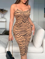 Sexy Leopard Print Split Hem Slim Bodycon Long Dress Women Spaghetti Strap Sleeveless Skinny Dress Elegant Club Party Vestidos